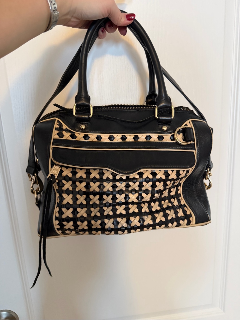 Rebecca Minkoff Black and Beige Woven Satchel